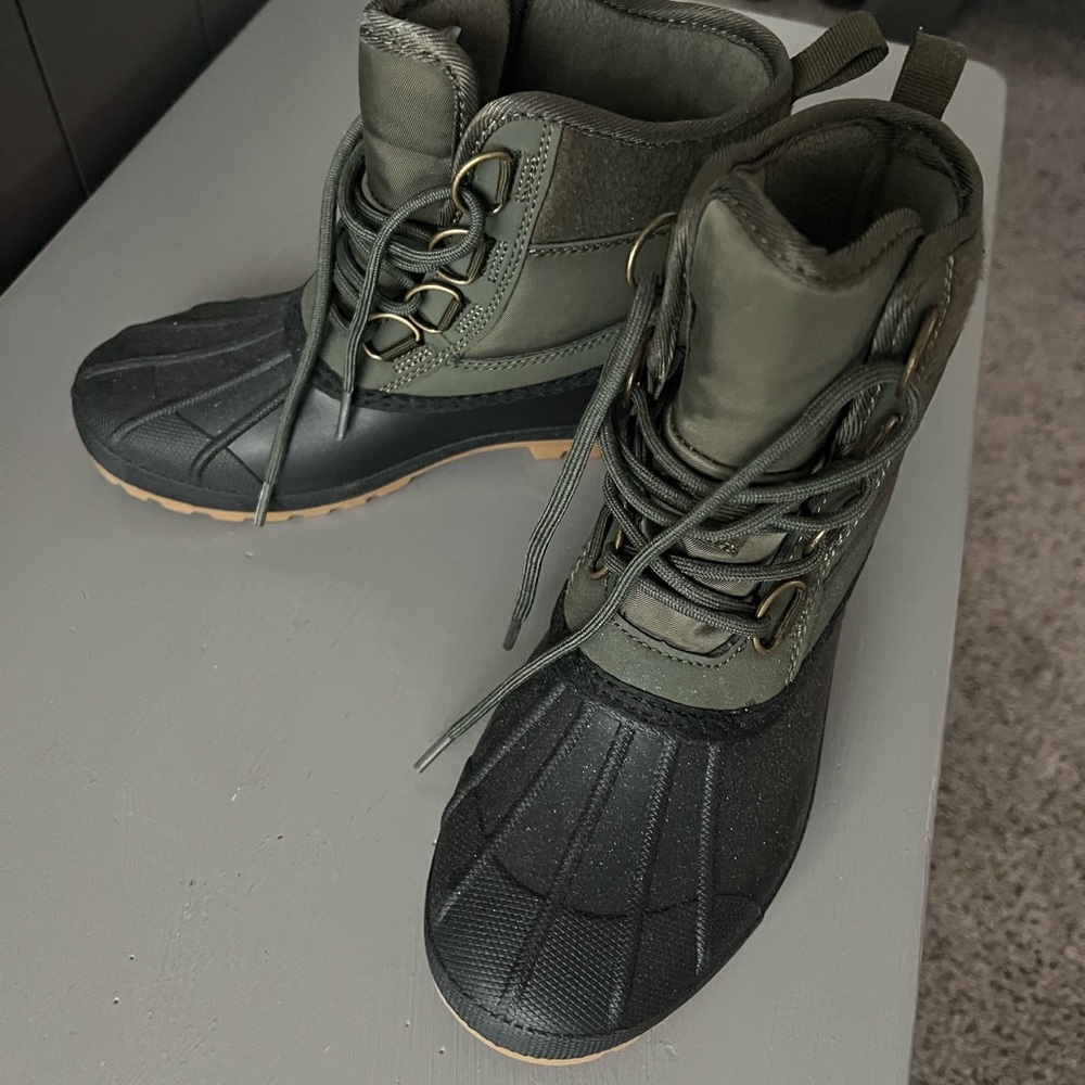 Green and black waterproof boots